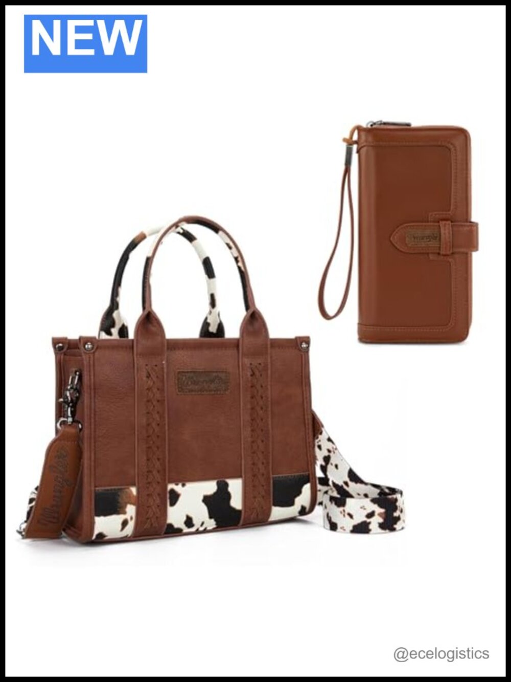 Wrangler Cow Print Leather Tote Bag with Wristlet Wallet Set Women